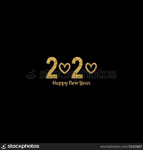 Happy New Year gold number 2020. Bright golden design with sparkle and golden hearts. Holiday glitter typography for Christmas banner, calendar, decoration, greeting card Vector illustration.. Happy New Year gold number 2020. Bright golden design with sparkle and golden hearts. Holiday glitter typography for Christmas banner, calendar, decoration, greeting card Vector illustration