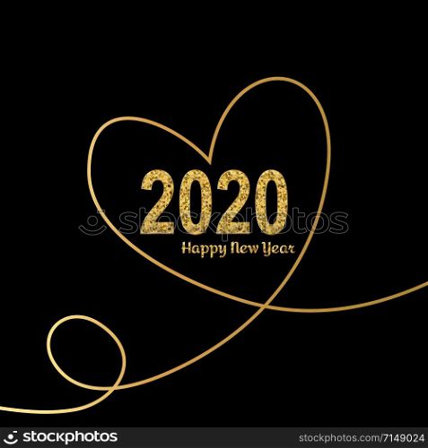 Happy New Year gold number 2020 with hearts in continuous drawing lines. Bright golden design with sparkle. Holiday glitter typography for Christmas banner, calendar, decoration, greeting card Vector illustration.. Happy New Year gold number 2020 with hearts in continuous drawing lines. Bright golden design with sparkle. Holiday glitter typography for Christmas banner, calendar, decoration, greeting card Vector illustration