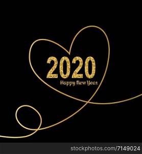 Happy New Year gold number 2020 with hearts in continuous drawing lines. Bright golden design with sparkle. Holiday glitter typography for Christmas banner, calendar, decoration, greeting card Vector illustration.. Happy New Year gold number 2020 with hearts in continuous drawing lines. Bright golden design with sparkle. Holiday glitter typography for Christmas banner, calendar, decoration, greeting card Vector illustration