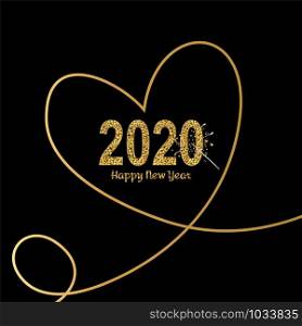Happy New Year gold number 2020 with hearts in continuous drawing lines and Magic wand. Bright golden design with sparkle. Holiday glitter typography for Christmas banner, calendar, decoration, greeting card Vector illustration.. Happy New Year gold number 2020 with hearts in continuous drawing lines and Magic wand. Bright golden design with sparkle. Holiday glitter typography for Christmas banner, calendar, decoration, greeting card Vector illustration