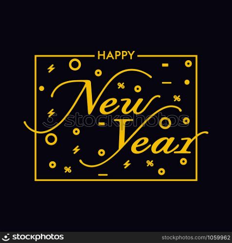 Happy new year. Golden text for flyer, poster, sign, banner, web, header. Abstract yellow symbol text. Christmas sparkle party logo vector.