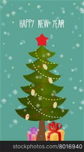 Happy new year greeting card. Christmas tree and gift.