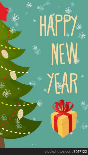 Happy new year greeting card. Christmas tree and gift.