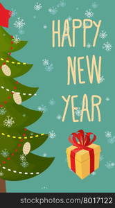 Happy new year greeting card. Christmas tree and gift.