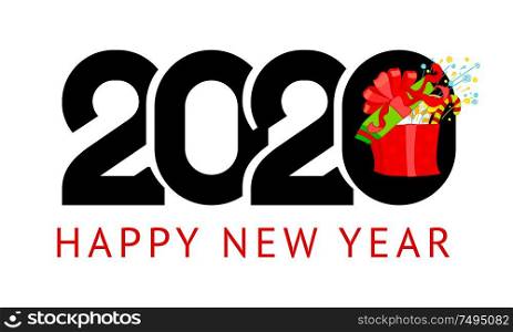 Happy New Year greeting card design 2020 with big present, can also be used for title banner, flyer, calendar, poster, invitation, annual report. Happy New Year greeting card design. 2020