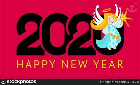 Happy New Year greeting card design 2020 with Christmas angel, can also be used for title banner, flyer, calendar, poster, invitation, annual report. Happy New Year greeting card design. 2020