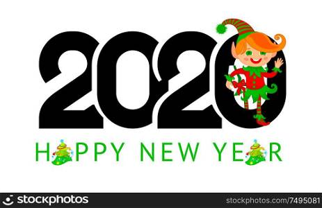 Happy New Year greeting card design 2020 with Elf helper Santa, can also be used for title banner, flyer, calendar, poster, invitation, annual report. Happy New Year greeting card design. 2020