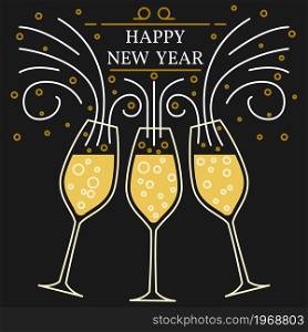 Happy new year greeting card. EPS10 vector. Champagne glasses thin line.