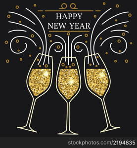 Happy new year greeting card. EPS10 vector. Champagne glasses thin line. Typography design for new year.. Happy new year greeting card.