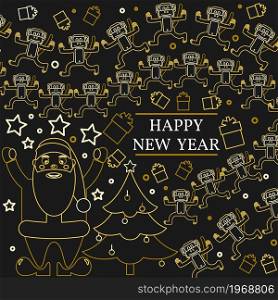Happy new year greeting card. EPS10 vector. Monkeys and santa claus thin line.