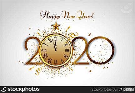 Happy New Year greeting card. Golden 2020 countdown, christmas party clock and luxury gold confetti congratulation. Greeting christmas flyer, merry xmas invitation banner vector illustration. Happy New Year greeting card. Golden 2020 countdown, christmas party clock and luxury gold confetti congratulation vector illustration