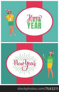 Happy New year greeting card with greetings in oval frame, woman dancing in Santa Claus hat. Girl with glass of champagne, in sweater with snowman and spruce trees flat style. Happy New Year Greeting Card Greetings, Oval Frame
