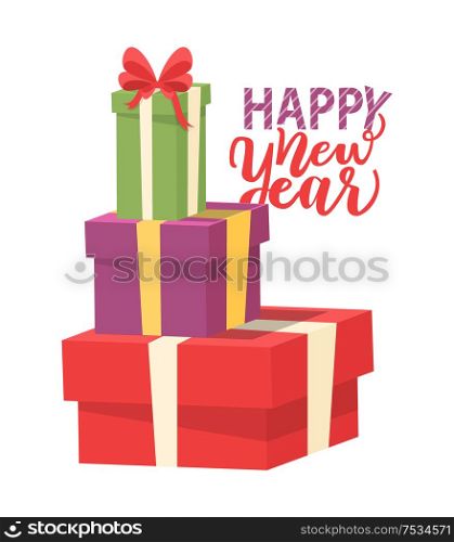Happy New Year greeting card with pile of presents isolated. Packages in red, purple and green wrapping, heap of gifts with bow, vector boxes, shopping. Happy New Year Greeting Card with Pile of Presents