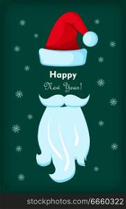 Happy New Year greeting card with Santa Claus cap, white moustache and beard on green background with snowflakes. Vector illustration with cartoon Christmas elements for festive design.. Happy New Year Santa Claus Cap and White Beard