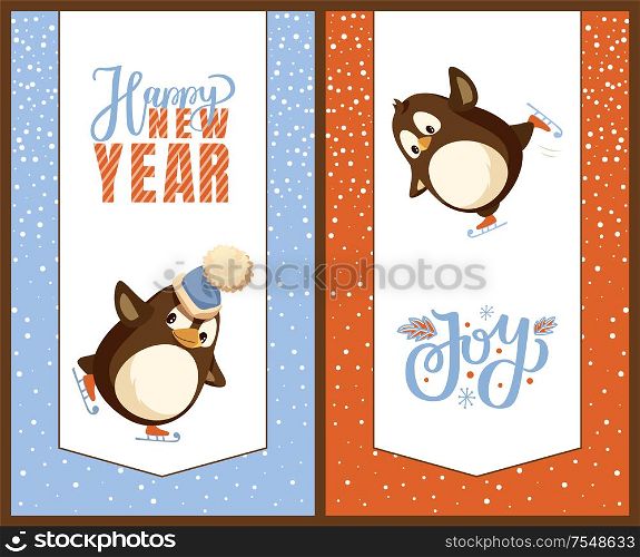 Happy New Year greeting cards, penguins on skates. Bird in hat with bubo skating on ice rink, winter time joy, Christmas holiday celebration vector. Happy New Year Greetig Cards, Penguins on Skates