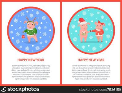Happy New Year greeting in round frame, male and female piglets, pigs in hat and bow, Christmas holidays. Animal exchange gift, zodiac symbol vector. Male and Female Piglets, New Year or Christmas