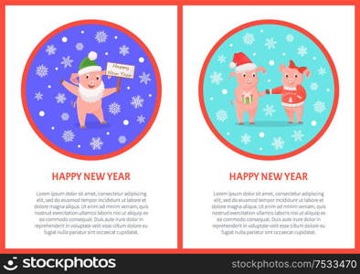 Happy New Year greeting in round frame, pig in Santa costume, zodiac symbolic animal. Piglet in beard and hat with greeting signboard, livestock vector. New Year, Pig in Santa Costume, Zodiac Animals