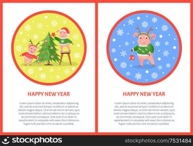 Happy New Year greeting in round frame, pigs decorating Christmas tree, Xmas holidays. Piglets in green sweater and hat or deer horns cartoon vector. Pigs in Knitted Sweaters Decorating Christmas Tree