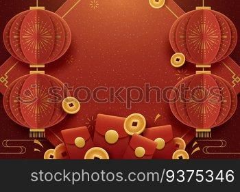 Happy new year greeting poster with hanging lanterns, red envelopes and lucky coins elements, paper art style. Happy new year greeting poster