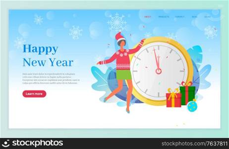 Happy new year greeting with seasonal winter holidays vector. Woman dancing by clock and presents. Decorative foliage and informative text on website or webpage template, landing page flat style. Happy New Year Greeting Clock and Presents Web