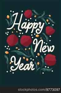 Happy New Year hand lettering vertical card with Christmas decoration and stars. Colorful festive vector illustration 