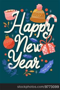 Happy New Year hand lettering vertical card with Christmas decoration and stars. Colorful festive vector illustration