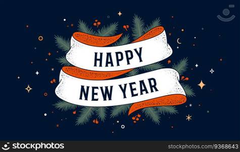 Happy New Year. Happy New Year. Greeting card with ribbon and text Happy New Year. Old school vintage ribbon banner in engraving style. Holiday background, poster for Happy New Year. Vector Illustration