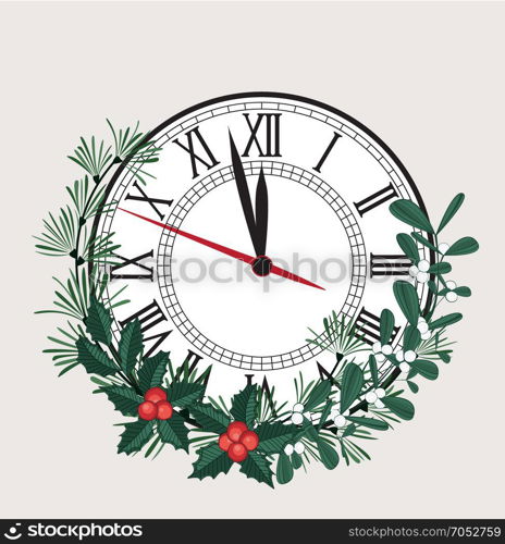 Happy New Year. Happy New Year, vector illustration Christmas background with clock showing year. Decoration of pine and mistletoe