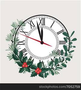 Happy New Year. Happy New Year, vector illustration Christmas background with clock showing year. Decoration of pine and mistletoe
