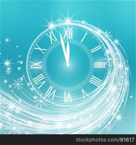 Happy New Year. Happy New Year, vector illustration Christmas background with snow and clock