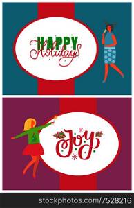 Happy New Year holidays and joy greeting card with people. Christmas party celebration woman in horns, drinking champagne. Females on high heels celebrating Xmas. Happy New Year Holidays Greeting Card with People