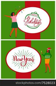 Happy New Year holidays greeting card with people. Christmas party celebration woman with flapper and champagne in skirts on high heels celebrating Xmas. Happy New Year Holidays Greeting Card with People