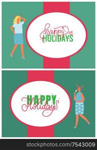 Happy New Year holidays greeting cards with people. Christmas party celebration woman in horns, drinking champagne. Females on high heels celebrating Xmas. Happy New Year Holidays Greeting Card with People