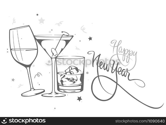 Happy New Year illustration with Glasses of Alcohol