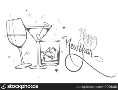 Happy New Year illustration with Glasses of Alcohol