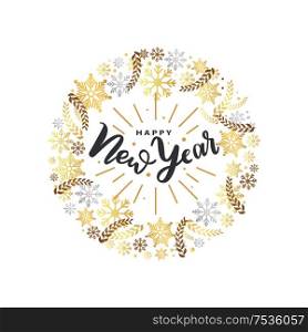 Happy New Year inscription, lettering sign with winter holidays wishes. Ornamental frame with snowflakes and leaves, wintertime decorative elements. Happy New Year Inscription Winter Decorative Frame