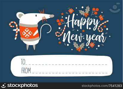 Happy New Year!. Invitation to a festive event with a cute mouse, a symbol of the new year 2020. Vector illustration. Dark blue background and space for your text. Nice new year letter.. Happy New Year!. Invitation to a festive event with a cute mouse, a symbol of the new year 2020. Vector illustration.