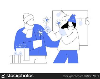 Happy New Year isolated cartoon vector illustrations. Young couple holding sparklers in hands and smiling, having fun together, New Year celebration, winter holidays mood vector cartoon.. Happy New Year isolated cartoon vector illustrations.