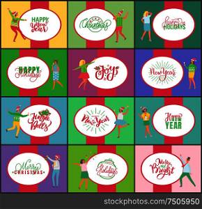 Happy New Year, jingle bell Merry Christmas greeting vector. Bauble tree decoration, people celebrating winter holiday at party dancing and drinking. Happy New Year, Jingle Bell Merry Christmas Set