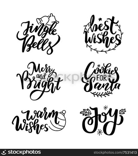 Happy New Year, Jingle bells and warm wishes, joy and cookies for Santa inscription lettering, happy winter days greetings. Typography calligraphic doodles. Happy New Year, Jingle Bells and Warm Wishes, Joy