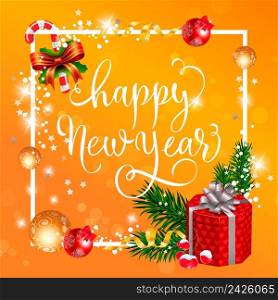 Happy New Year lettering. Creative holiday background with gift box and Christmas balls. Handwritten text, calligraphy. Can be used for greeting cards, posters and leaflets