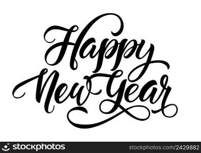 Happy New Year lettering. Handwritten inscription with swirls. Calligraphic text can be used for greeting cards, posters, banners