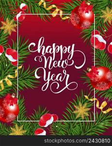 Happy New Year lettering in frame with baubles, fir branches, mistletoe on purple background. Celebration, invitation, party. Holiday concept. Can be used for greeting card, postcard, brochure