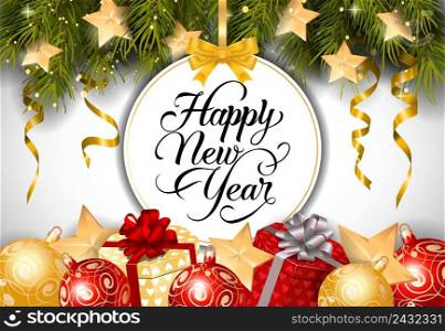 Happy New Year lettering on bauble-shaped tag with fir sprigs, baubles and present boxes. Calligraphic inscription can be used for greeting cards, festive design, posters, banners.