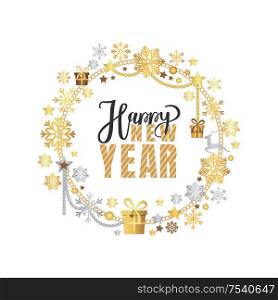 Happy New year lettering text with calligraphic inscription. Vector greeting typography doodle with handwritten font, print in black and gold colors. Happy New Year Lettering Text with Calligraphic