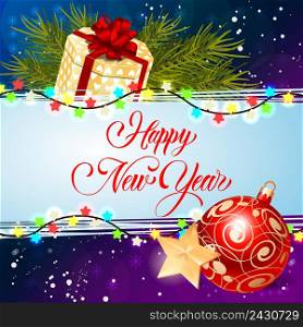 Happy New Year lettering with baubles, fir sprigs and lights. Calligraphic inscription can be used for greeting cards, festive design, posters, banners.
