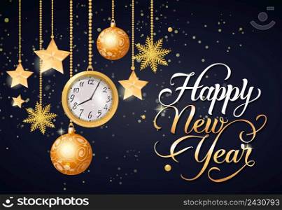 Happy New Year lettering with hanging baubles, stars and watch on black background. Calligraphic inscription can be used for greeting cards, festive design, posters, banners.