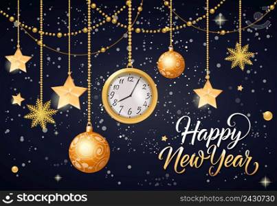 Happy New Year lettering with hanging baubles, stars, watch and strings of beads on black background. Calligraphic inscription can be used for greeting cards, festive design, posters, banners.
