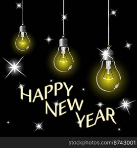 happy new year light bulbs and stars, abstract vector art illustration; image contains transparency