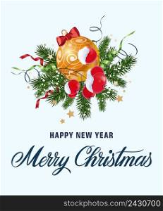 Happy New Year Merry Christmas lettering withbauble, mistletoe, fir branches and streamers. Celebration, invitation, festivity. Holiday concept. Can be used for greeting card, postcard, brochure